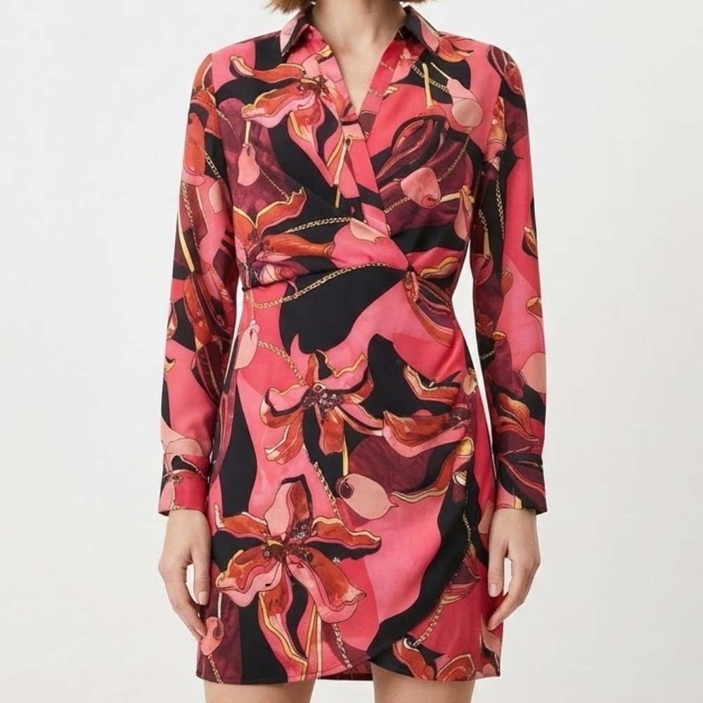INC Dress Women's PS Pink Floral Chain Print Faux Wrap Office Professional Chic